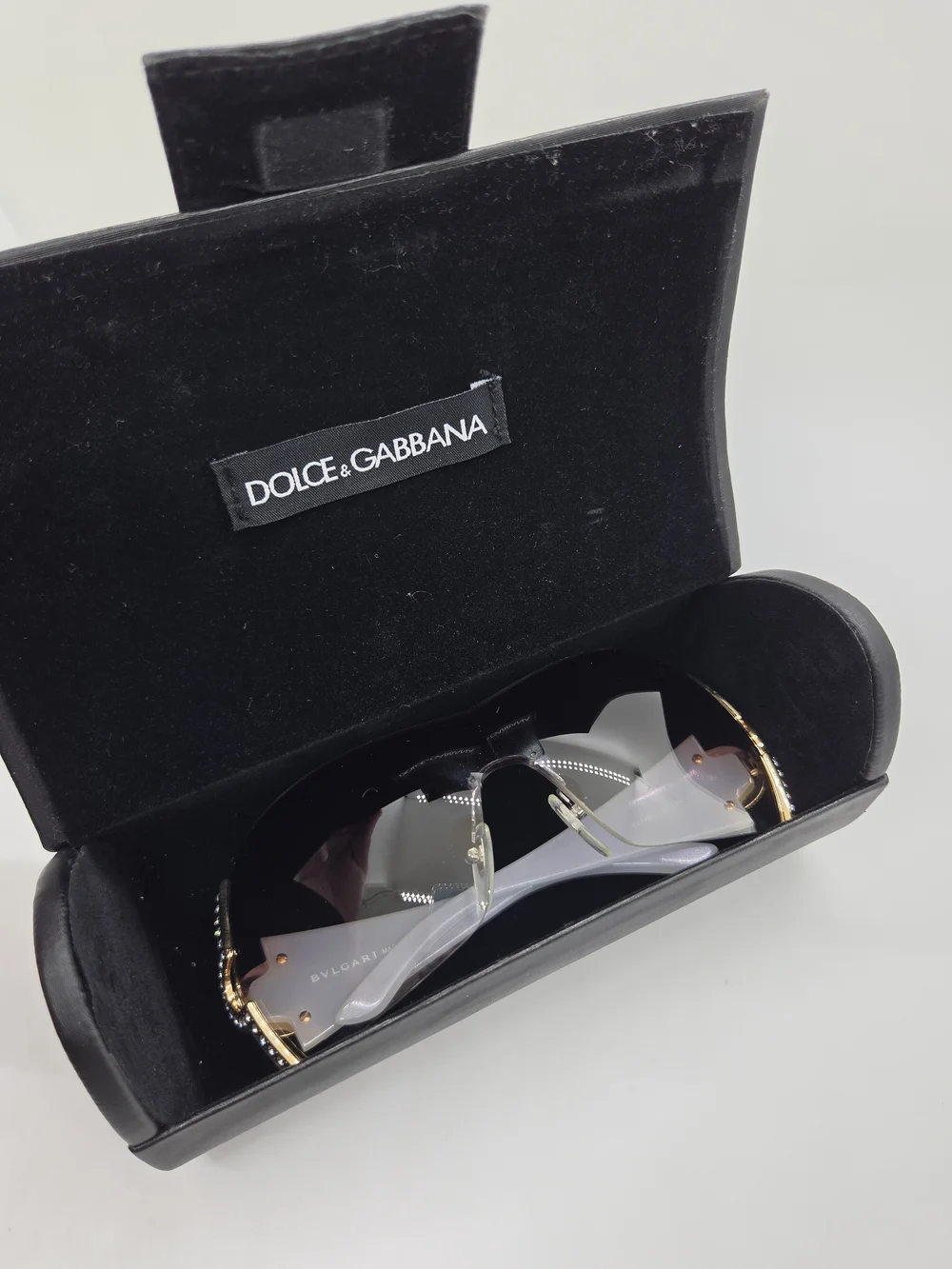 Bvlgari White and Gold, Swarvoski Crystal-Embellished Shield Sunglasses, Vintage